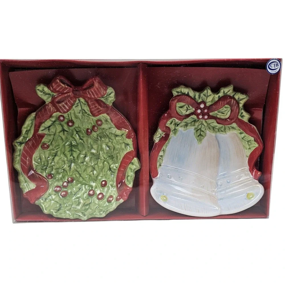 Sonoma Life Style Christmas Ceramic Candy Dish Set Holly Wreath & Bells 2pc